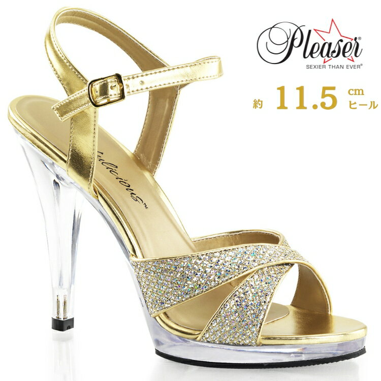Pleaser プリーザー 低め ヒール 11.5cm ヒール ゴールド クリアヒール コンテスト ミスコン 用 グリッター ラメ キラキラ ハイヒール ピンヒール アンクルストラップ 大きいサイズ 対応 レディース メンズ サンダル FLAIR-419(G) FLA419G/G/C 即納 取寄