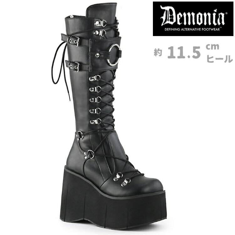 demonia デモニア 厚底 ブーツ ロング ロングブーツ 厚底ブーツ ウェッジソール 11cm 12cm ヒール 黒 ブラック 合皮 フェイクレザー ベルト バックル 編み上げ レースアップ 小さいサイズ 大きいサイズ 厚底靴 ゴシック 靴 レディース メンズ KERA-200 KERA200/BVL 取寄 公式
