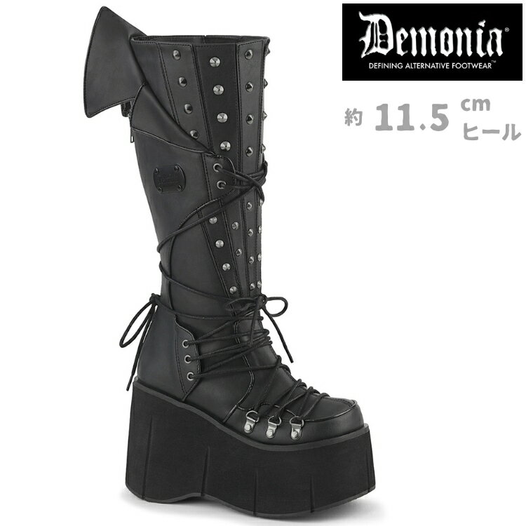 demonia デモニア 厚底 ブーツ ロング ロングブーツ 厚底ブーツ ウェッジソール 11cm 12cm ヒール 黒 ブラック 合皮 フェイクレザー スタッズ 編み上げ レースアップ 大きいサイズ 厚底靴 ゴシック ゴスロリ ライブ 用 靴 レディース メンズ KERA-203 KERA203/BVL 取寄 公式