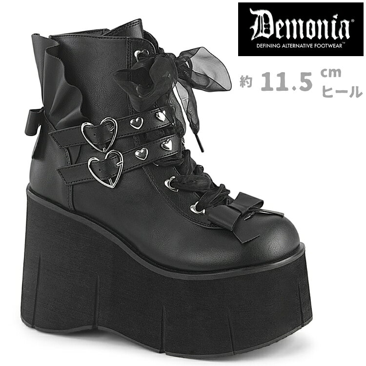 Thick Sole - demonia デモニア 厚底 ブーツ ショートブーツ 厚底 ウェッジソール 11cm 12cm ヒール 黒 ブラック つや消し 合皮 ハート スタッズ リボン ジッパー 小さいサイズ 大きいサイズ ロック パンク V系 ゴスロリ 系 靴 レディース メンズ KERA-55 KERA55/BVL 取寄 公式