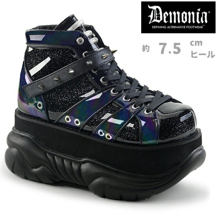 乐天商城 - demonia デモニア 厚底 スニーカー 7.5cm ヒール 黒 ブラック グリッター 編み上げ レースアップ 小さいサイズ 大きいサイズ 厚底靴 ロック パンク ゴシック 原宿系 ファッション 派手 スニーカー 靴 レディース メンズ ユニセックス NEPTUNE-100 NEP100/BHG 即納 取寄 公式