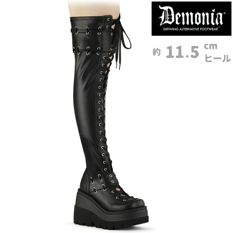demonia デモニア 厚底 ブーツ ニーハイ ブーツ サイハイ ブーツ 厚底 ウェッジソール 11cm 12cm ヒール 黒 ブラック 合皮 ベルト レースアップ ジッパー 厚底靴 大きいサイズ パンク ロック ファッション 地雷系 靴 シューズ レディース メンズ SHAKER-325 SHA325/BVL 取寄