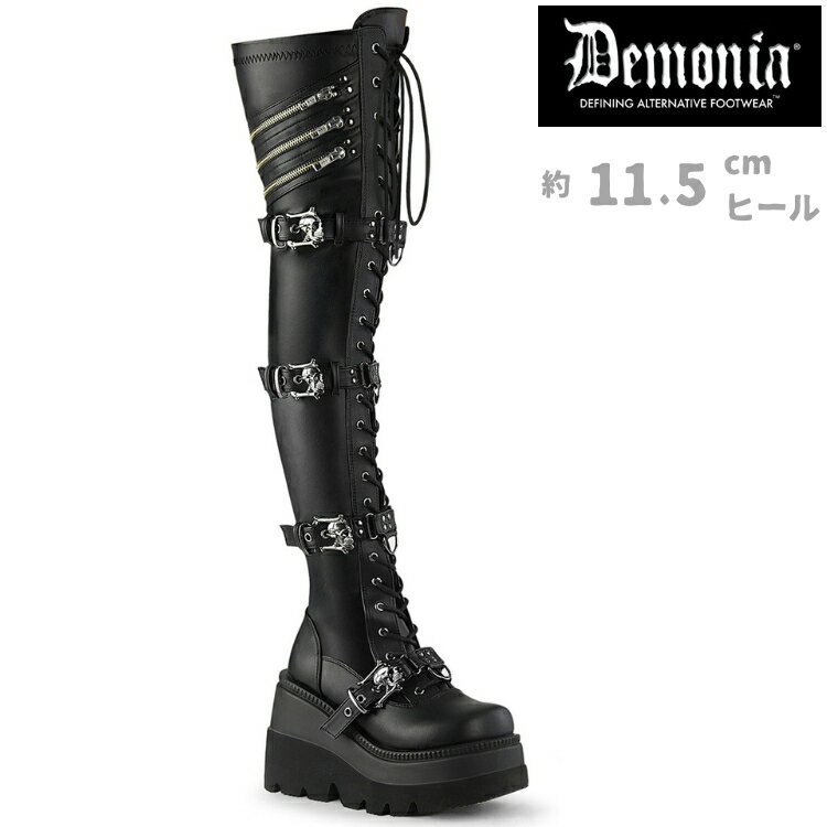 demonia デモニア 厚底 ブーツ ニーハイ ブーツ サイハイ ブーツ 厚底 ウェッジソール 11cm 12cm ヒール 黒 ブラック 合皮 ベルト レースアップ ジッパー 厚底靴 大きいサイズ パンク ロック ファッション 地雷系 靴 シューズ レディース メンズ SHAKER-420 SHA420/BVL 取寄