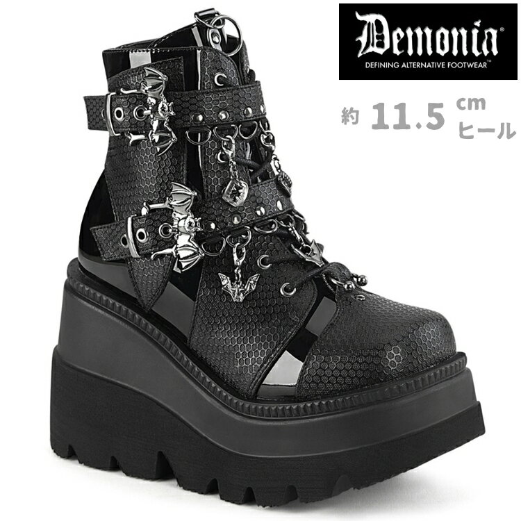 demonia デモニア 厚底 ブーツ ショートブーツ 厚底 ウェッジソール 11cm 12cm ヒール 黒 ブラック フェイクレザー ベルト 編み上げ ジッパー 小さいサイズ 大きいサイズ 厚底靴 ロック パンク ゴシック ファッション 靴 レディース メンズ SHAKER-66 SHA66/BVL 取寄 公式