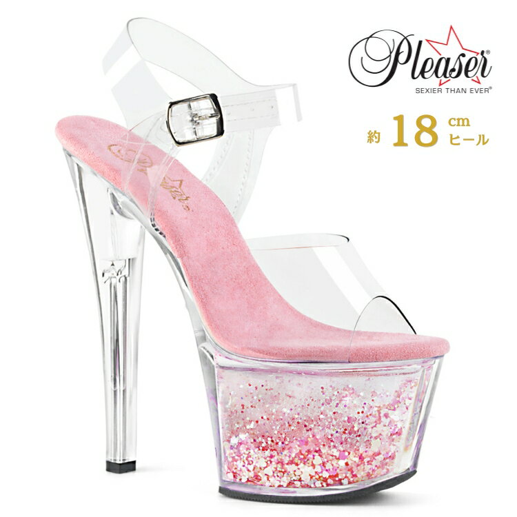 Pleaser プリーザー ヒール サンダル 厚底 18cm ヒール ベビーピンク 透明 クリア ハイヒール クリアヒール 大きいサイズ 小さいサイズ ピンヒール グリッター ラメ アンクルストラップ レディース メンズ 18センチ ヒール SKY-308WHG SKY308WHG/C/C-BPG 取寄 公式