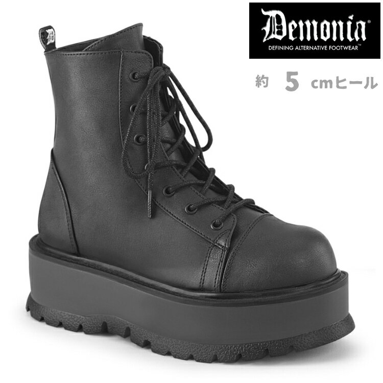 乐天商城 - demonia デモニア 厚底 ブーツ ショートブーツ アンクルブーツ ブーティ 厚底 5cm ヒール 黒 ブラック 合皮 レースアップ 編み上げ 厚底靴 大きいサイズ ロック パンク V系 原宿系 コスプレ ライブ 用 衣装 靴 レディース メンズ SLACKER-55 SLK55/BVL 取寄 公式