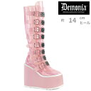 demonia デモニア 厚底 ブーツ ロング ロングブーツ 厚底ブーツ ウェッジソール 14cm ヒール ベビーピンク シースルー 半透明 バックル ベルト ...