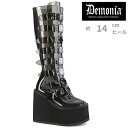demonia デモニア 厚底 ブーツ ロング ロングブーツ 厚底ブーツ ウェッジソール 14cm ヒール 黒 ブラック シースルー 半透明 バックル ベルト ...