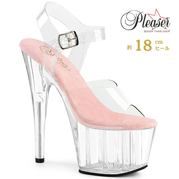 Rakuten - Pleaser プリーザー クリアヒール 18cm サンダル 厚底 ポールダンス 用 ヒール キャバ サンダル 大きいサイズ 対応 クリア ピンク レディース メンズ 女性 男性 18センチ ヒール ストラップ ハイヒール ピンヒール 靴 シューズ ADORE-708 ADO708/C-BP/C 取寄