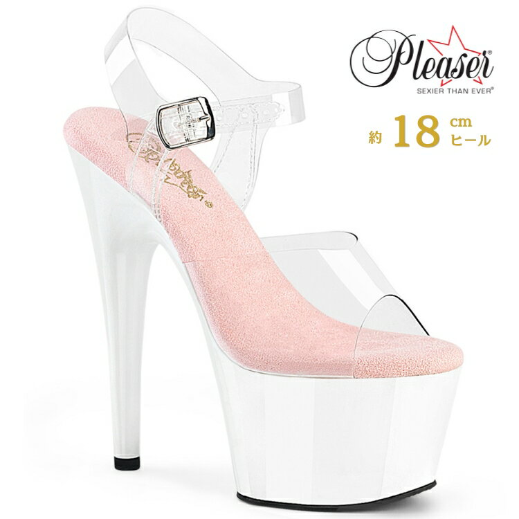 乐天商城 - Pleaser プリーザー ヒール 18cm サンダル 厚底 ポールダンス 用 ヒール キャバ サンダル 大きいサイズ 対応 クリア ベビーピンク ピンク 白 ホワイト レディース メンズ 女性 男性 18センチ ヒール ストラップ ピンヒール 靴 シューズ ADORE-708 ADO708/C-BP/W 取寄