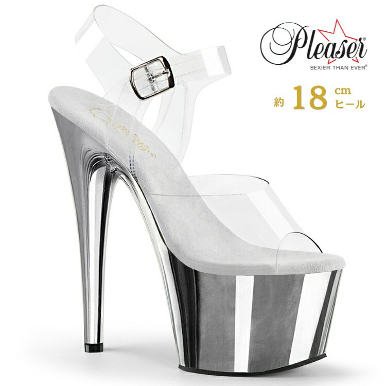 Rakuten - Pleaser プリーザー ヒール 18cm サンダル 厚底 ポールダンス 用 ヒール キャバ サンダル 大きいサイズ 対応 クリア シルバー メタリック レディース メンズ 女性 男性 18センチ ヒール ストラップ ハイヒール ピンヒール 靴 シューズ ADORE-708 ADO708/C-M/SCH 取寄