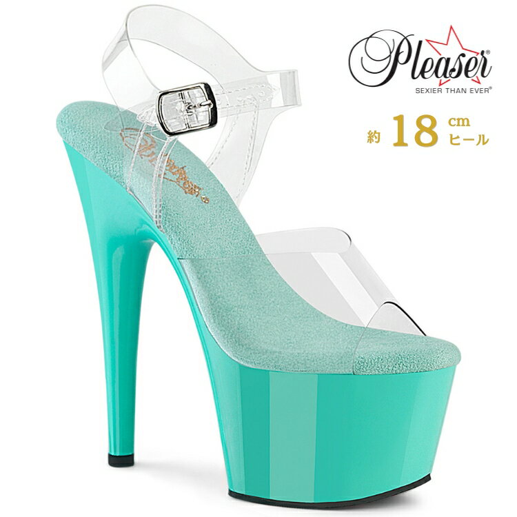 乐天商城 - Pleaser プリーザー ヒール 18cm サンダル 厚底 ポールダンス 用 ヒール キャバ サンダル 大きいサイズ 対応 クリア 水色 ブルー レディース メンズ 女性 男性 18センチ ヒール ストラップ ハイヒール ピンヒール 靴 シューズ ADORE-708 ADO708/C/AQ 取寄
