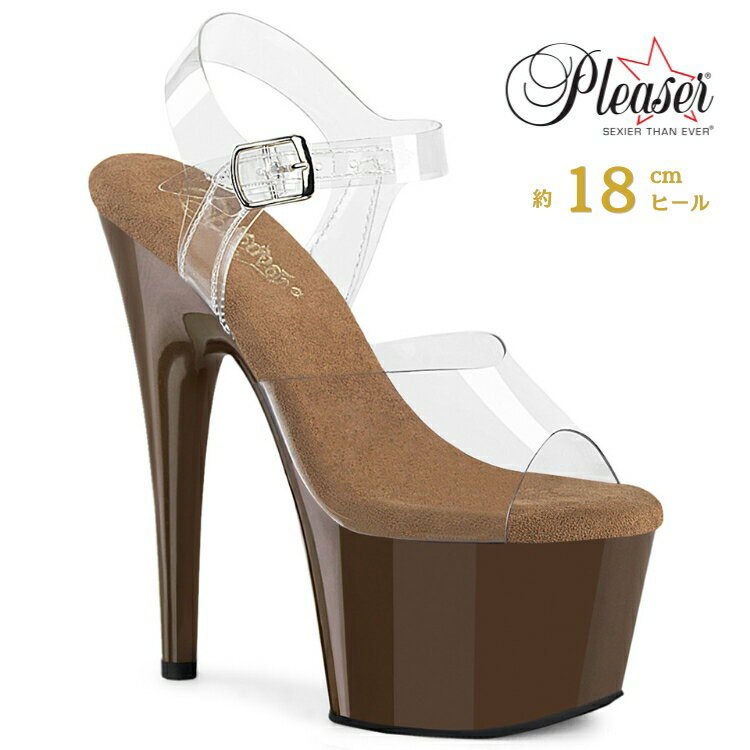 Rakuten - Pleaser プリーザー ヒール 18cm サンダル 厚底 ポールダンス 用 ヒール キャバ サンダル 大きいサイズ 対応 クリア ブラウン レディース メンズ 女性 男性 18センチ ヒール ストラップ ハイヒール ピンヒール 靴 シューズ ADORE-708 ADO708/C/MOC 取寄