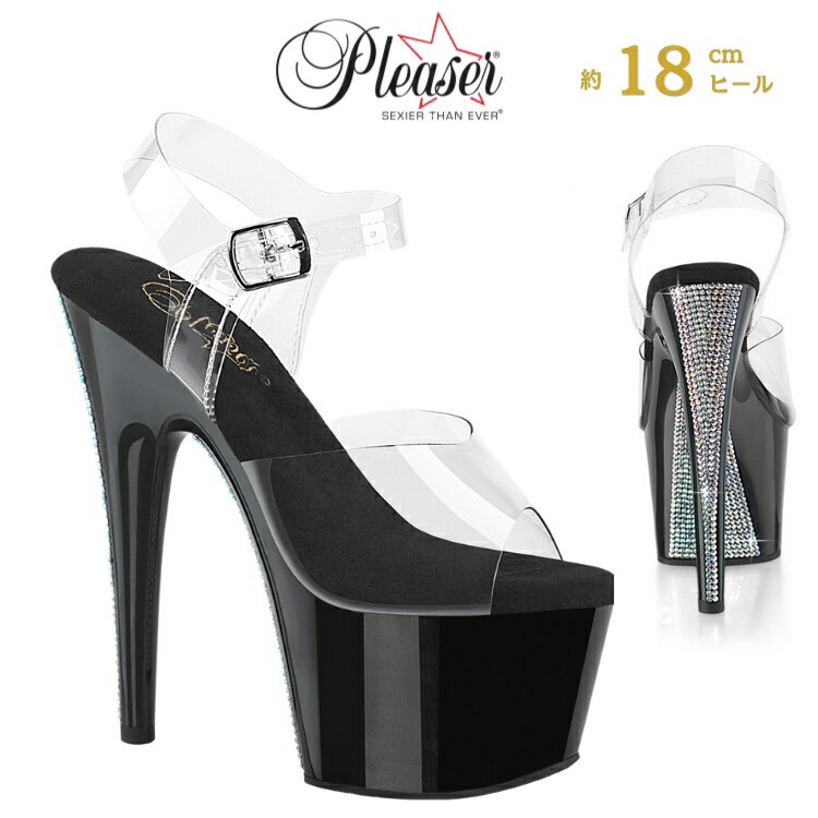 Rakuten - Pleaser プリーザー ヒール 18cm サンダル 厚底 ポールダンス 用 ヒール キャバ サンダル 大きいサイズ 対応 クリア 黒 ブラック シルバー ラインストーン レディース メンズ 女性 男性 18センチ ヒール ストラップ 靴 シューズ ADORE-708CRS-2 ADO708CRS-2/C/B-SRS 取寄