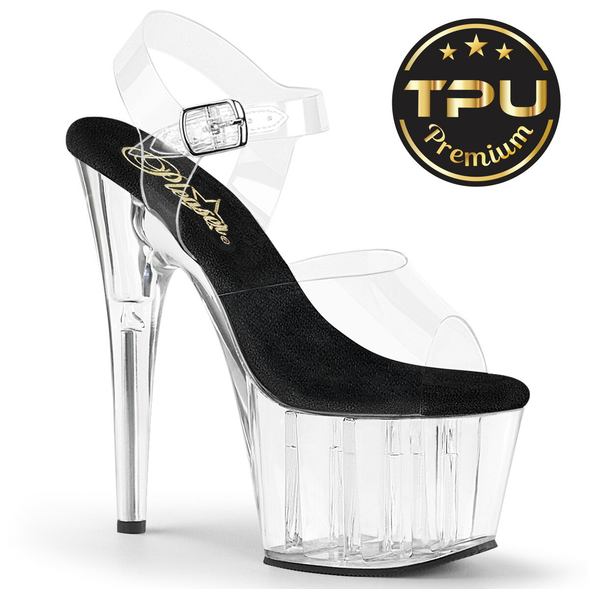 Pleaser プリーザー クリアヒール 18cm サンダル 厚底 ポールダンス 用 保護カバー インソール 付き 大きいサイズ 対応 クリア 黒 ブラック レディース メンズ 女性 男性 18センチ ヒール ハイヒール ピンヒール 靴 シューズ ADORE-708PREM ADO708PREM/CTPU-B/C 取寄