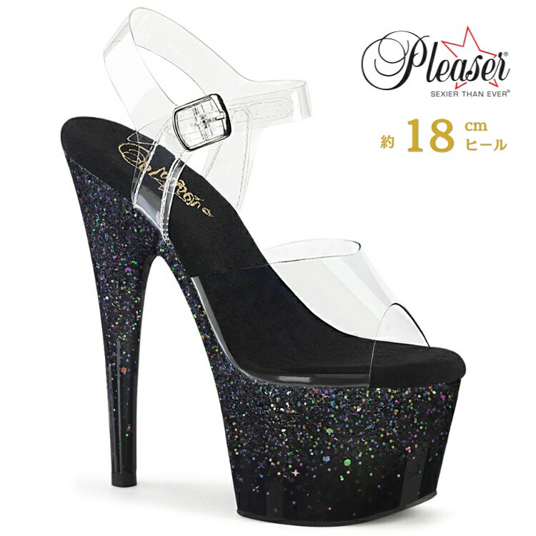 乐天商城 - Pleaser プリーザー ヒール 18cm サンダル 厚底 ポールダンス 用 ヒール キャバ サンダル 大きいサイズ 対応 クリア 黒 ブラック マルチカラー グリッター レディース メンズ 女性 男性 18センチ ハイヒール ピンヒール 靴 シューズ ADORE-708SS ADO708SS/C/BG 取寄