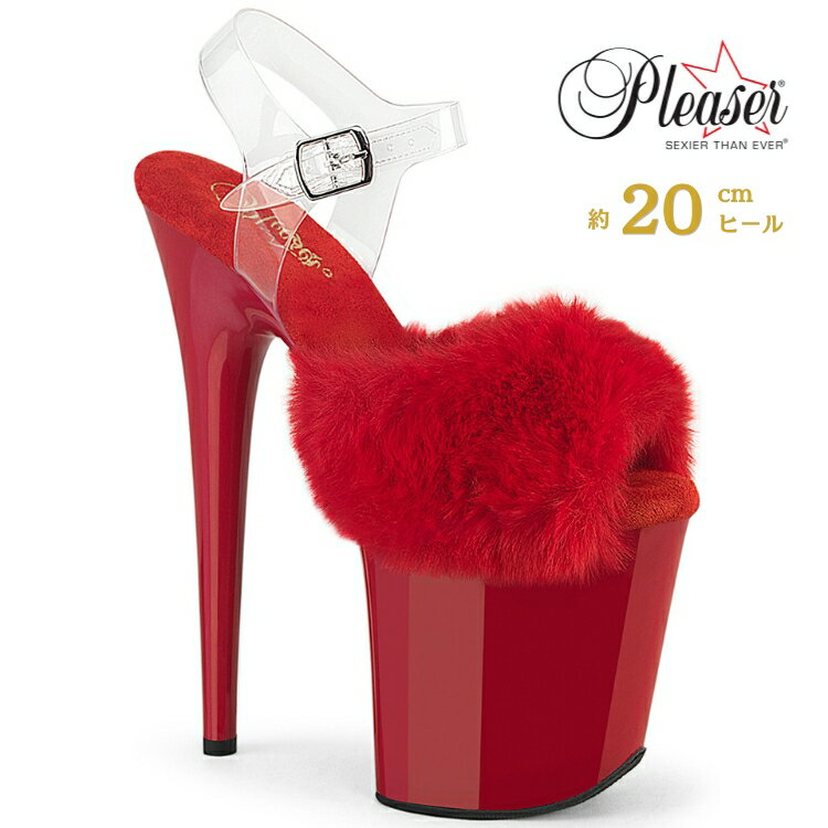 乐天商城 - Pleaser FLAMINGO-808FUR プリーザー ヒール 20cm 厚底 サンダル ファー 付 クリア アンクルストラップ 大きいサイズ 対応 赤 レッド ファー レディース メンズ 女性 男性 20センチ ヒール ハイヒール ピンヒール ドレス ステージ ポールダンス 用 フラミンゴ 取寄