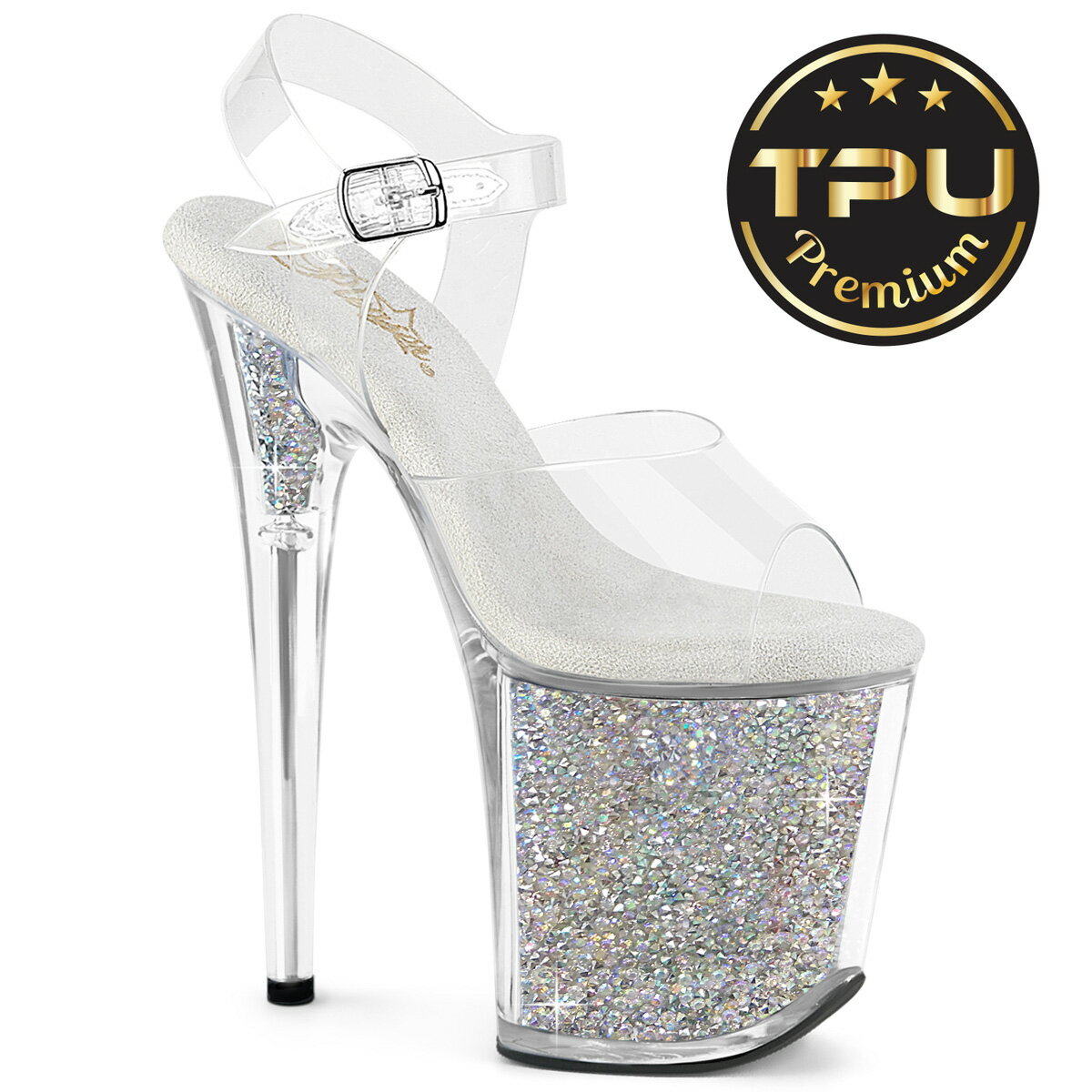 乐天商城 - Pleaser FLAMINGO-808PREM-RSI プリーザー ヒール 20cm 厚底 サンダル ポールダンス 用 ヒール 保護カバー インソール 付き クリア アンクルストラップ 大きいサイズ 対応 シルバー ラインストーン レディース メンズ 女性 男性 20センチ ヒール ハイヒール ピンヒール 取寄