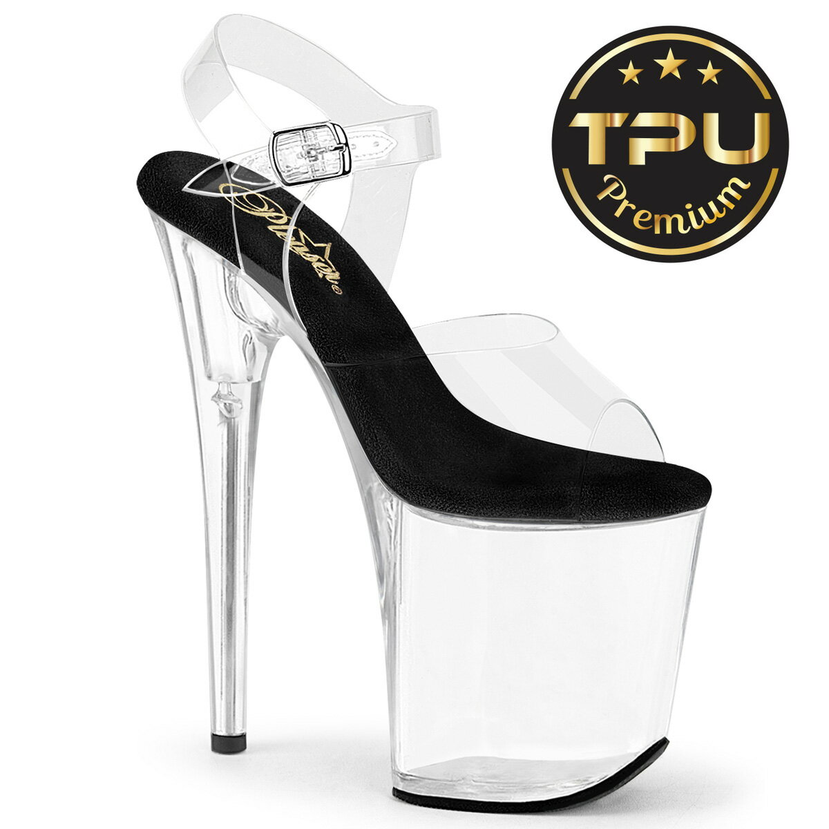 乐天商城 - Pleaser FLAMINGO-808PREM プリーザー クリアヒール 20cm 厚底 サンダル ポールダンス 用 ヒール 保護カバー インソール 付き クリア アンクルストラップ 大きいサイズ 対応 クリア 黒 ブラック レディース メンズ 女性 男性 20センチ ヒール ハイヒール ピンヒール 取寄