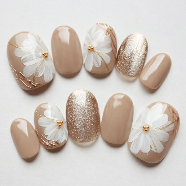 ジェルネイルチップ 付け爪 つけ爪 グレージュフラワーマグネット 大人ネイル ハンドメイド