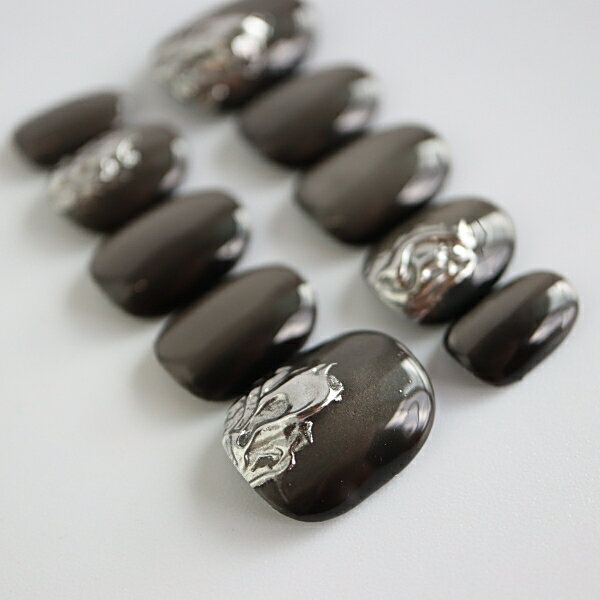 メンズネイル ネイルチップ ブラックマグネットニュアンスシルバー プチプラ サイズオーダー 付け爪
