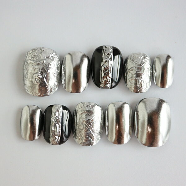 メンズネイル ネイルチップ シルバー×ブラックニュアンスアート シンプル サイズオーダー 付け爪 黒 銀