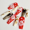 赤黒金に3D花ネイルチップ ジェルネイルチップ つけ爪 ジェルネイル ジェル ネイル チップ ロング ベリーショート ショート