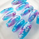 【現品発送】バレリーナ ネイルチップ ジェルネイル フラワー水滴ブルーパープル
