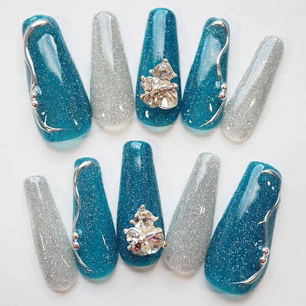 【現品発送】ロングバレリーナ ネイルチップ ジェルネイル フラッシュブルーシルバービジュー