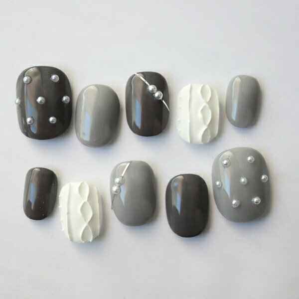 ジェルネイル ハンドメイド 秋冬ネイル グレー系ニットネイル キッズネイル