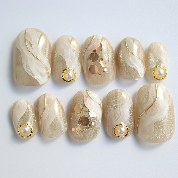 ネイルチップ ライトベージュマグネット ニュアンスホロ埋め込み ブライダル サイズオーダー シンプル