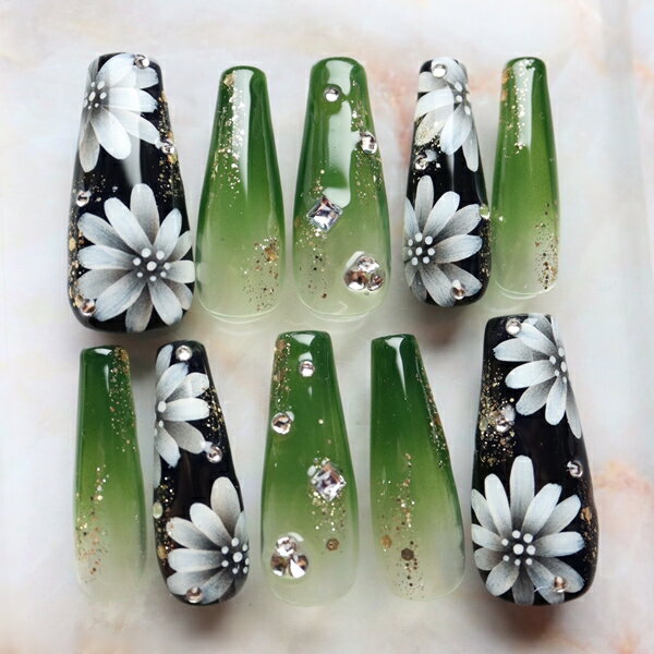 ジェルネイル 成人式 和風 和装 着物 緑 付け爪 つけ爪 ネイルチップ ネイル チップ アートチップ ロン..