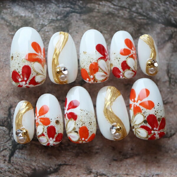 ジェルネイル 成人式 着物 和風 和装 前撮り 白 赤 花柄 付け爪 つけ爪 ネイルチップ ネイル チップ ハンドメイド アートチップ ロング ベリーショート ホワイトにゴールド逆グラデフラワーペイントネイルチップ