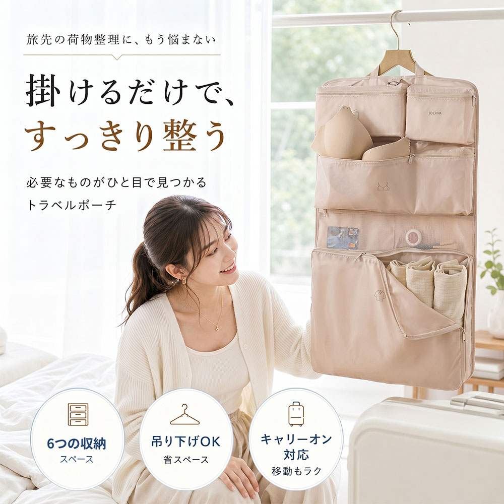 ＼大感謝祭★37％OFF 8/11迄／トラベルポーチ 吊り下げ 旅行用圧縮バッグ 圧縮ポーチ 収納ポーチ 6ポケット 仕分けポーチ 衣類収納 下着収納 靴下収納 メッシュポケット 撥水ナイロン キャリーオンス収納 旅行ポーチ 吊り下げ収納 トラベルバッグ 旅行 dinashop-10000327 季節の彩り物語 サンプル画像3