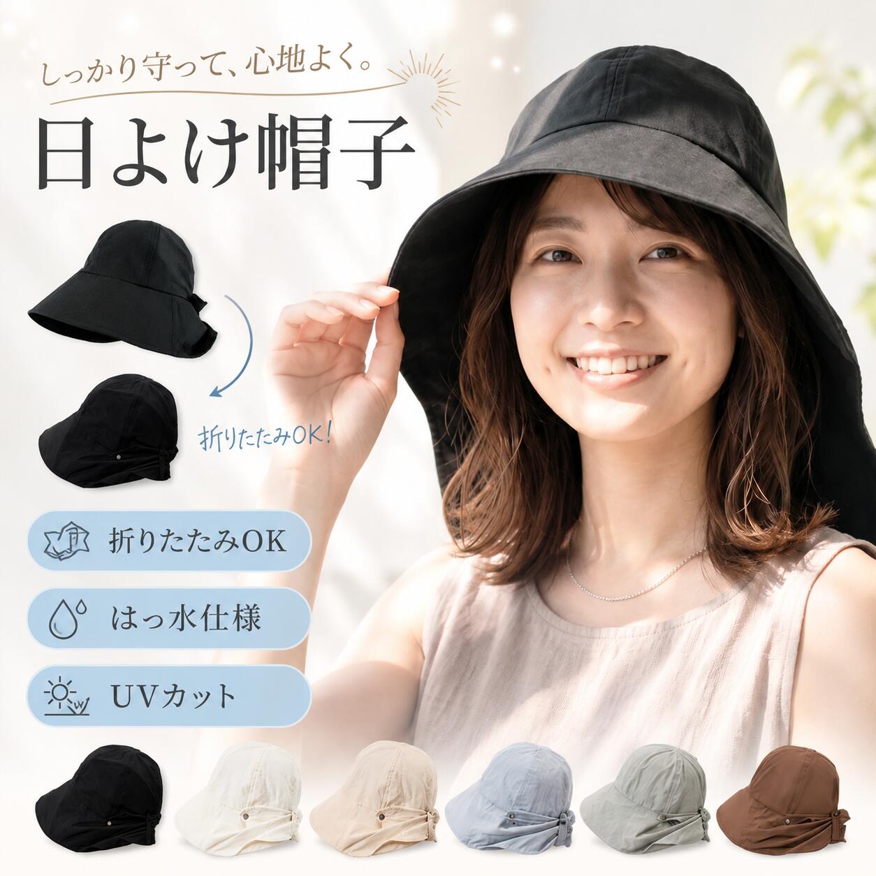 帽子 レディース 日よけ UVカット 帽子 つば広 折りたたみ UPF50+ 紫外線対策 軽量 通気性 首ガード付き 夏用 ハット 自転車 ガーデニング アウトドア 小顔効果 日焼け防止 【キャッチコピー】 かぶるだけで紫外線対策完了。涼しく快適な夏の必需品 毎日の外出をもっと快適に。紫外線・暑さ・ムレ対策をこれ一つで叶える、機能性抜群の日よけ帽子です。 【ポイント1】小顔見え＆しっかり日差しカット 広めのつば設計で顔全体をしっかりカバーしながら、小顔効果も実現。強い日差しから肌を守り、外出時も安心です。 【ポイント2】首・うなじまで守る安心設計 後ろカバー付きで首元までしっかりガード。紫外線対策だけでなく、暑さ対策にも効果的で、長時間の外出にも最適です。 【ポイント3】軽量＆通気性で快適なかぶり心地 約65gの軽量設計で負担を感じにくく、通気性の良い素材でムレにくい仕様。真夏でも快適に着用いただけます。 【ポイント4】2WAY仕様でシーンに合わせて使える カバーの付け外しが可能な2WAY仕様。シーンに応じて使い分けができ、通勤・旅行・アウトドアなど幅広く活躍します。 【ポイント5】丸洗いOKでいつでも清潔 洗濯機で丸洗い可能なので、汗や汚れも簡単にケア。毎日清潔に使えるのも嬉しいポイントです。帽子 レディース 日よけ UVカット 帽子 つば広 折りたたみ UPF50+ 紫外線対策 軽量 通気性 首ガード付き 夏用 ハット 自転車 ガーデニング アウトドア 小顔効果 日焼け防止 【キャッチコピー】 かぶるだけで紫外線対策完了。涼しく快適な夏の必需品 毎日の外出をもっと快適に。紫外線・暑さ・ムレ対策をこれ一つで叶える、機能性抜群の日よけ帽子です。 【ポイント1】小顔見え＆しっかり日差しカット 広めのつば設計で顔全体をしっかりカバーしながら、小顔効果も実現。強い日差しから肌を守り、外出時も安心です。 【ポイント2】首・うなじまで守る安心設計 後ろカバー付きで首元までしっかりガード。紫外線対策だけでなく、暑さ対策にも効果的で、長時間の外出にも最適です。 【ポイント3】軽量＆通気性で快適なかぶり心地 約65gの軽量設計で負担を感じにくく、通気性の良い素材でムレにくい仕様。真夏でも快適に着用いただけます。 【ポイント4】2WAY仕様でシーンに合わせて使える カバーの付け外しが可能な2WAY仕様。シーンに応じて使い分けができ、通勤・旅行・アウトドアなど幅広く活躍します。 【ポイント5】丸洗いOKでいつでも清潔 洗濯機で丸洗い可能なので、汗や汚れも簡単にケア。毎日清潔に使えるのも嬉しいポイントです。