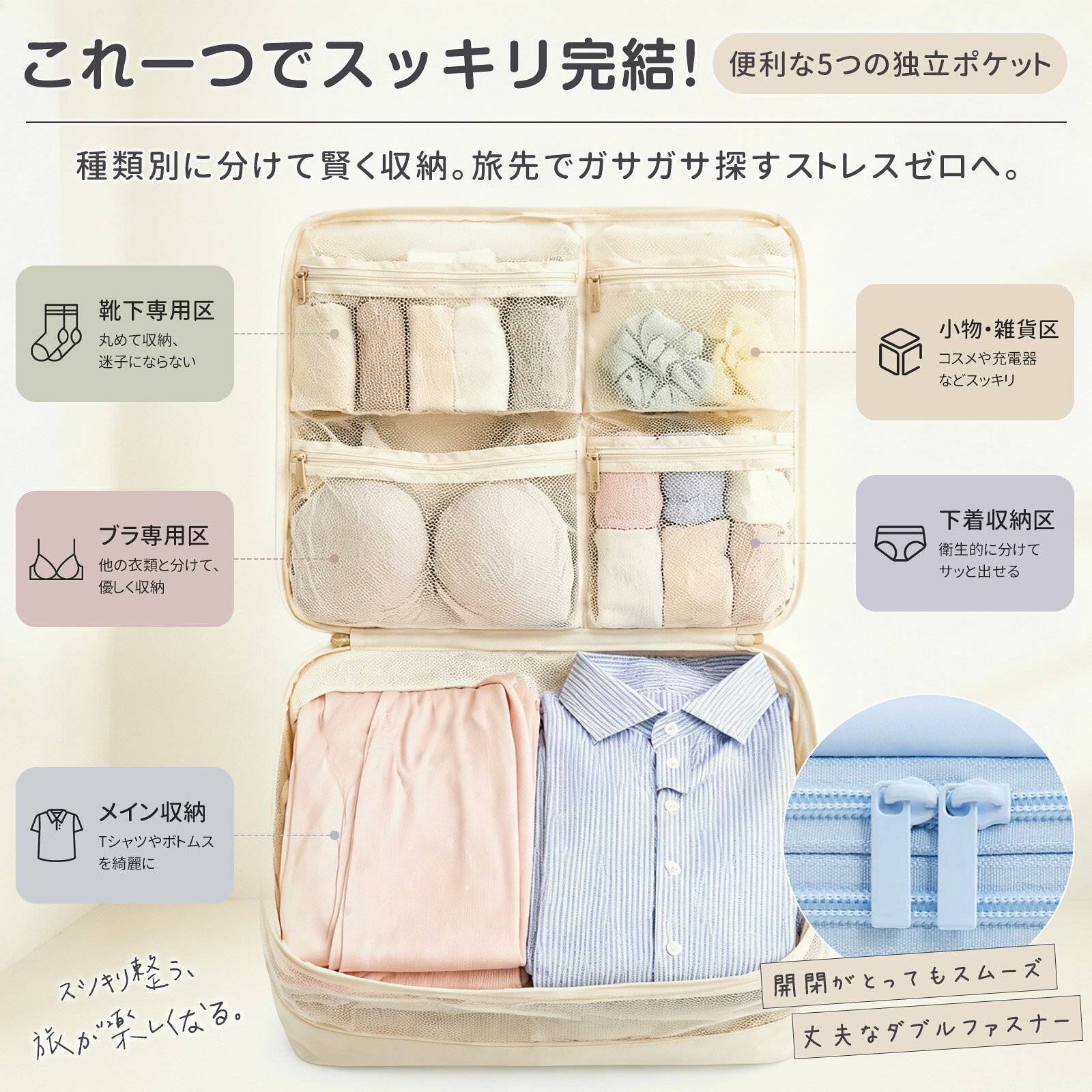 【SS限定30%OFFクーポン★P5倍】【ほつれ穴なし】【撥水加工】 トラベルポーチ 圧縮ポーチ 圧縮袋 大容量 通気性 耐久性 持ち運び 丈夫 軽量 コンパクト 旅行 旅行用圧縮袋 トラベル 出張 衣類 服 パッキング パッキングキューブ 整理 レディース メンズ 吊り下げ dingai-10000119 DINGAI サンプル画像2