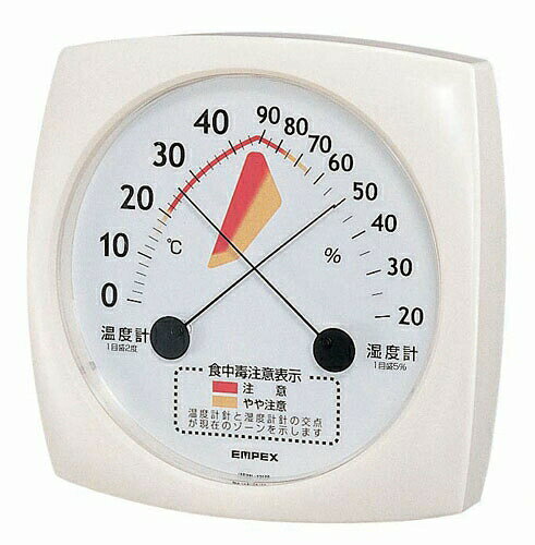 幅×奥行×厚さ(mm)130×130×21質量(kg)0.140温度:0～+40℃（1目盛2℃）湿度:20～90%（1目盛5%）●温度と湿度による食中毒の発生を 未然に防止するために分かりやすく 2段階（注意・やや注意）に表示。●強力マグネット付。