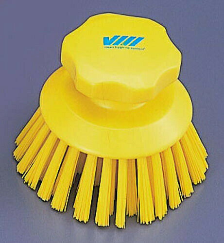 メーカー品番3885カラーイエロー外径(mm)130毛長(mm)38質量(kg)0.24Vikan hygiene system ヴァイカンブラシ デンマーク製HACCP対応ブラシHACCP対応の規格を各所に取り入れると共に、カラーコーディングを全商品に導入していますので、色別の洗浄システムがはかれます。また、人間工学を商品設計の中に取り入れているので従来の商品と比べて疲労度合が軽く、使う人の身になって設計されています。■特長●ポリエステルの毛を一束ずつステンレス製留め具で留めて 有るので、毛が抜けにくい。●熱湯（120℃）・洗浄・消毒剤・酸・アルカリ・油に非常 に強い。●ほこりやバクテリアを吸収しない。材質:本体/ポリプロピレン毛 /ポリエステル●握り易い形状で長時間の使用でも疲れにくいブラシ。 機械や凹型器材の清掃に最適です。