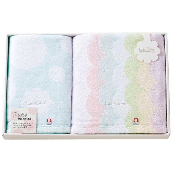 ●幸せな触り心地、ふんわり無撚糸タオル。撚りのほとんどない無撚糸は、やわらかくて肌ざわりに優れ、水分をすばやく吸収します。●現品サイズ・内容：60×120cmバスタオル1枚・34×80cmフェイスタオル1枚・綿100％・［日本製］●箱サイズ...