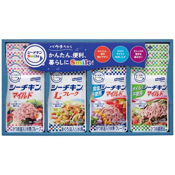 ※こちらの商品は ご注文後のキャンセル・返品・交換をお受けできない商品となっております。内容をご確認のうえ、ご注文ください。●便利で使いやすいシーチキンSmileの詰合せギフトです。●便利で使いやすいシーチキンSmileの詰合せギフトです。●現品サイズ・内容：シーチキンSmile(マイルド・Lフレーク・食塩不使用マイルド・オイル不使用マイルド各4個・各50g)●箱サイズ：42.2×23.7×4.6cm●重さ：1200g●製造生産地：日本製●賞味期間：製造日より常温約720日●アレルゲン：大豆●メーカー型番：SML-30A