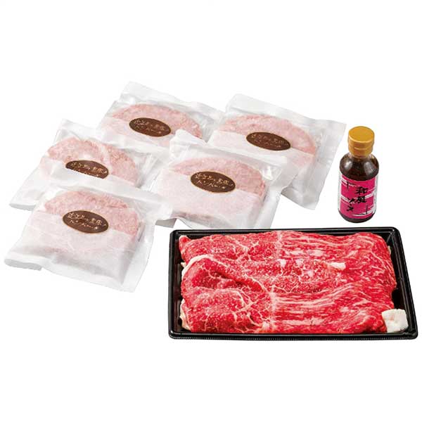 ※こちらの商品は ご注文後のキャンセル・返品・交換をお受けできない商品となっております。内容をご確認のうえ、ご注文ください。●鈴鹿山系の良水に恵まれた近江・湖東の地で長期間肥育された近江牛。中でも希少な未経産牝牛をえり抜き、モモ肉と旨味のあるバラ肉のすき焼き肉と、近江牛と黒豚を使った人気のハンバーグをセットに致しました。冷凍には細胞を潰さず、解凍後もほとんどドリップの出ない、高度急速凍結機を使用いたします。●鈴鹿山系の良水に恵まれた近江・湖東の地で長期間肥育された近江牛。中でも希少な未経産牝牛をえり抜き、モモ肉と旨味のあるバラ肉のすき焼き肉と、近江牛と黒豚を使った人気のハンバーグをセットに致しました。冷凍には細胞を潰さず、解凍後もほとんどドリップの出ない、高度急速凍結機を使用いたします。●現品サイズ・内容：近江牛すき焼き用モモ、バラ約300g・近江牛と黒豚のハンバーグ150g×5個・和風ソース100g×1本●箱サイズ：27×20×10cm●製造生産地：日本製●賞味期間：製造日より冷凍約30日●アレルゲン：卵・乳成分・小麦・牛肉・大豆・豚肉・りんご