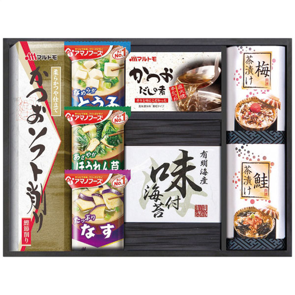 ※こちらの商品は ご注文後のキャンセル・返品・交換をお受けできない商品となっております。内容をご確認のうえ、ご注文ください。●つくりたてのおいしさを味わえるみそ汁と毎日の食卓にうれしい和の詰合せ●箱サイズ：33×25×7cm●現品サイズ・内容：マルトモかつおソフト削り(2g×3袋)・マルトモかつおだしの素(4g×4袋)・有明海産味付海苔(8切6枚2袋)・梅茶漬け(4.3g×2袋)・鮭茶漬け(4.7g×2袋)各1個・アマノとうふおみそ汁10g・アマノほうれん草おみそ汁7g・アマノなすおみそ汁9.5g各1袋●重さ：580g●製造生産地：日本製●賞味期間：製造日より常温約360日●アレルゲン：乳成分・小麦・ごま・さけ・さば・大豆・鶏肉・魚介類●メーカー型番：AMC-25P●つくりたてのおいしさを味わえるみそ汁と毎日の食卓にうれしい和の詰合せ●箱サイズ：33×25×7cm●現品サイズ・内容：マルトモかつおソフト削り(2g×3袋)・マルトモかつおだしの素(4g×4袋)・有明海産味付海苔(8切6枚2袋)・梅茶漬け(4.3g×2袋)・鮭茶漬け(4.7g×2袋)各1個・アマノとうふおみそ汁10g・アマノほうれん草おみそ汁7g・アマノなすおみそ汁9.5g各1袋●重さ：580g●製造生産地：日本製●賞味期間：製造日より常温約360日●アレルゲン：乳成分・小麦・ごま・さけ・さば・大豆・鶏肉・魚介類●メーカー型番：AMC-25P