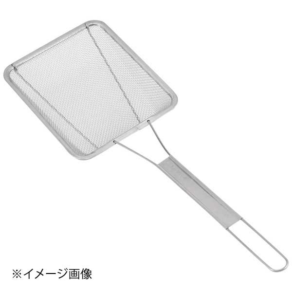●角型フライヤー槽の角まですくえる角型形状。●すくい部は揚げカスが入りやすいポケット形状。●手入れがしやすく、錆びにくいステンレス製。●柄長さ275mmと長めなので、手元が熱くなりにくい。●シンプルな扱いやすさを追求した、信頼の日本製。【外寸】145×175×275mm【重量】111g【材質】網：18-8ステンレスφ0.5mm×12メッシュ、柄：SUS430 φ2.5mm、枠・プレート：SUS430 0.3mm厚【食器乾燥機】可【洗浄機】可【原産国】日本