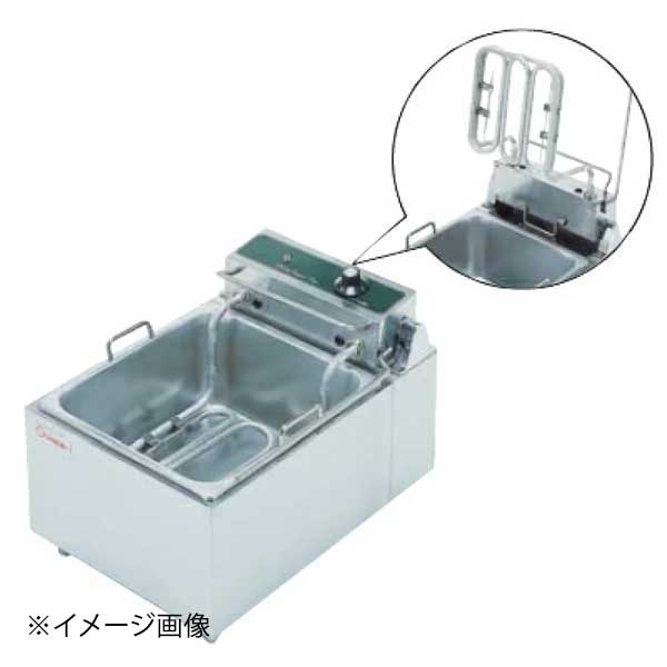●サイズ:345×480×H336mm●重量:15kg●電源:単相200V●消費電力:3.0kW●油量:8L●能力（フライドポテト）:5.1kg/1回●付属品:スノコ×1、バスケットフルサイズ×1