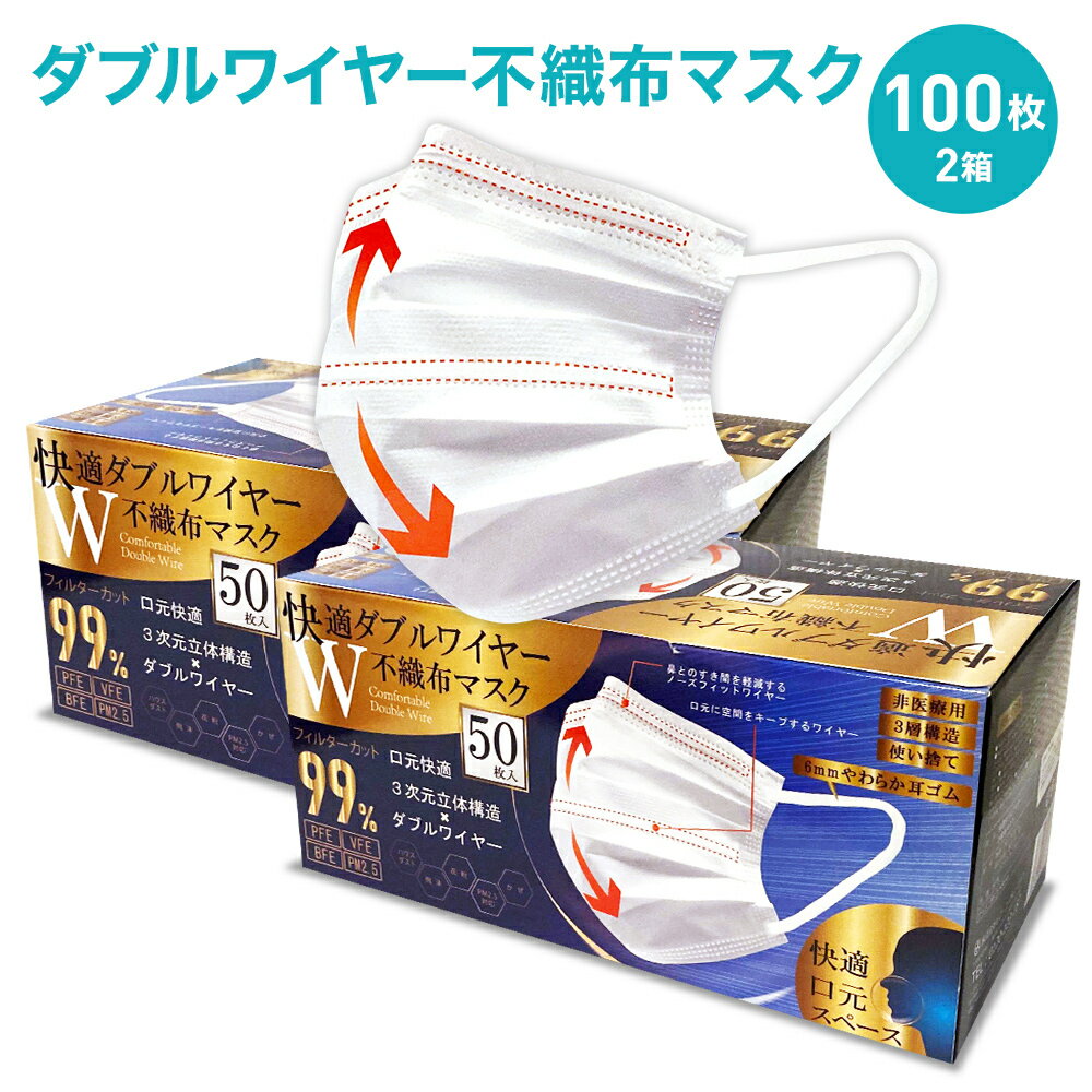 快適 ダブルワイヤー 不織布 マスク 100枚 ( 2箱セット ) ふつうサイズ | 息がしやすい 耳が痛くなりにくい 男性 女性 大人 3層構造 99..