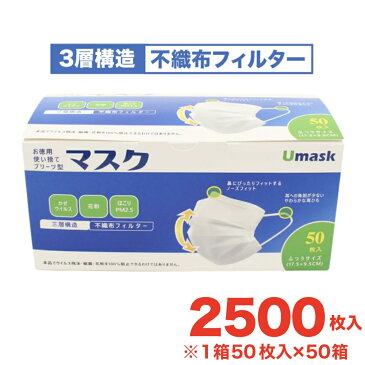 不織布マスク 1箱(50枚入) 50箱セット 2500枚 3層構造 普通サイズ 使い捨て ウイルス インフルエンザ 風邪 花粉症 対策 プリーツタイプ まとめ買い | 送料無料