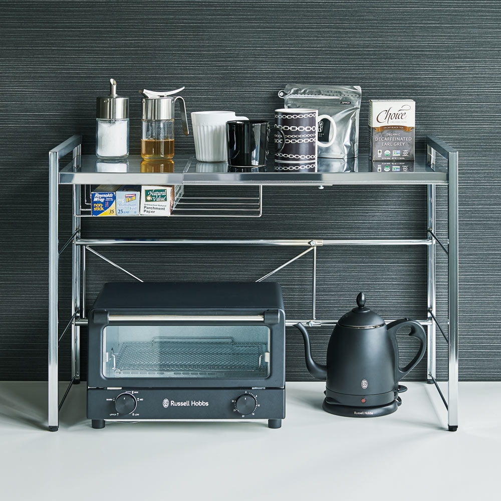 ＼最大8000円オフクーポン配布中 9月11日1時59分迄／ 調理家電が置ける頑丈ステンレス伸縮天板ラック 1段タイプ 冷蔵庫周り収納 キッチン用品収納 H82318のサムネイル