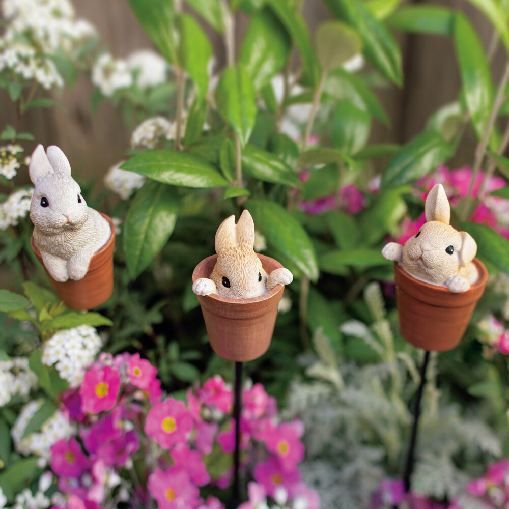 レビュー記入でクーポン配布 ガーデンオーナメント 置物 鉢植えウサギのガーデンピック 3本組 G71411