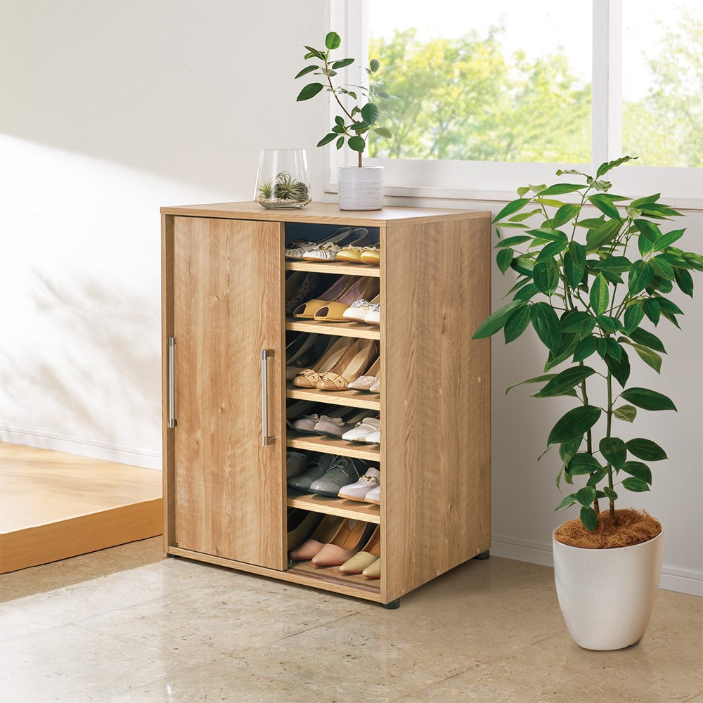 【最大5000円OFFクーポン 12／1迄】 天然木調引き戸シューズボックス ロー（高さ92cm） 幅77cm奥行40cm..