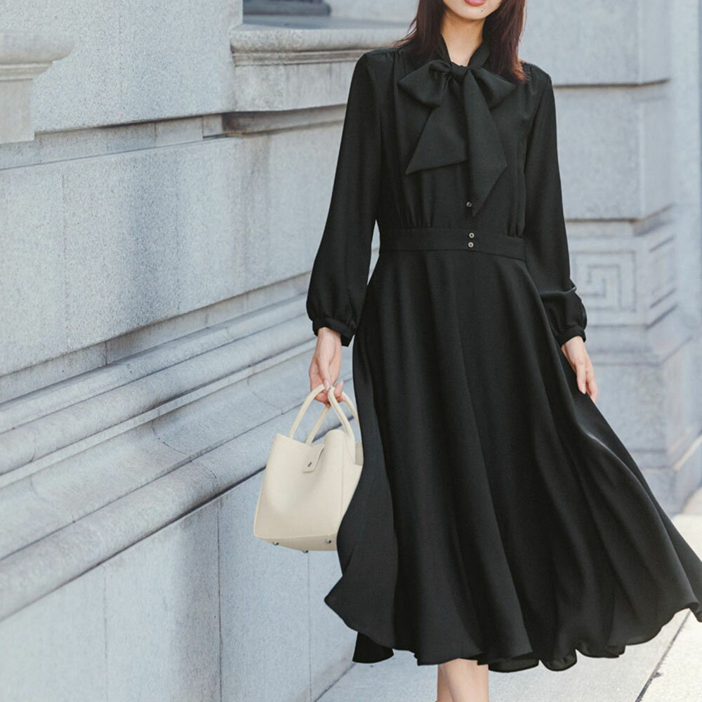 【クーポン最大5千円OFF 1/28迄】 ボウタイデザイン フレアワンピース マキシワンピース ロングワンピース ワンピース PC6342 ＼LINE友だち登録でクーポン／